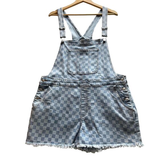 No Boundaries Checkered Denim Shortalls Overalls Junior Size XL 15-17 Re… - Picture 3 of 15
